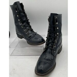 Vintage Justin Diamond J Lace-up Leather Riding Boots Dark Blue Womens 6 1/2 B